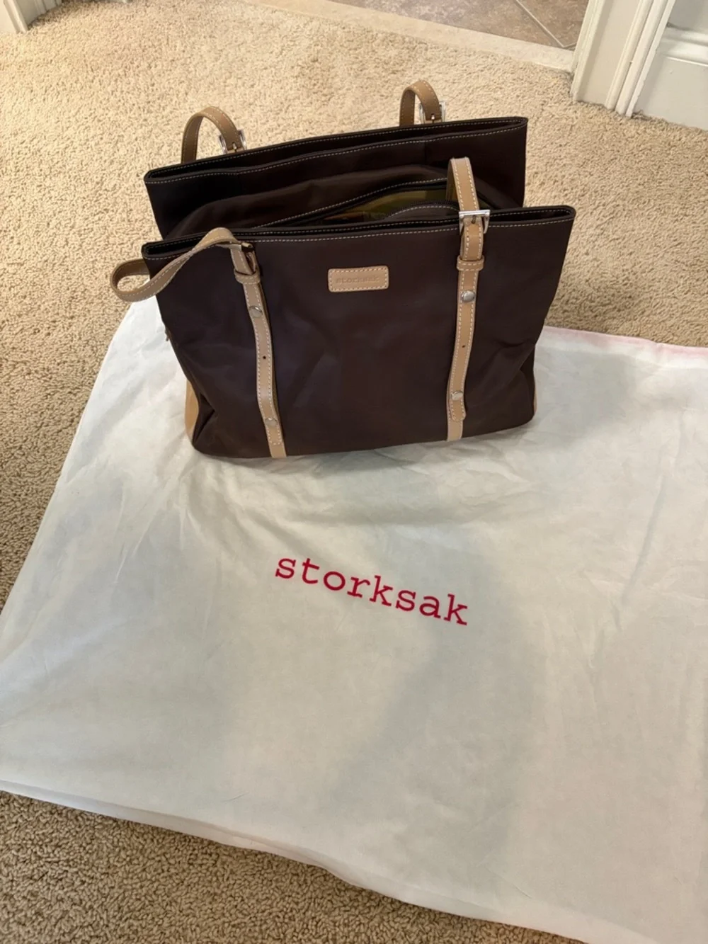 Storksak Dark Brown Nylon Tote with Tan Leather Straps